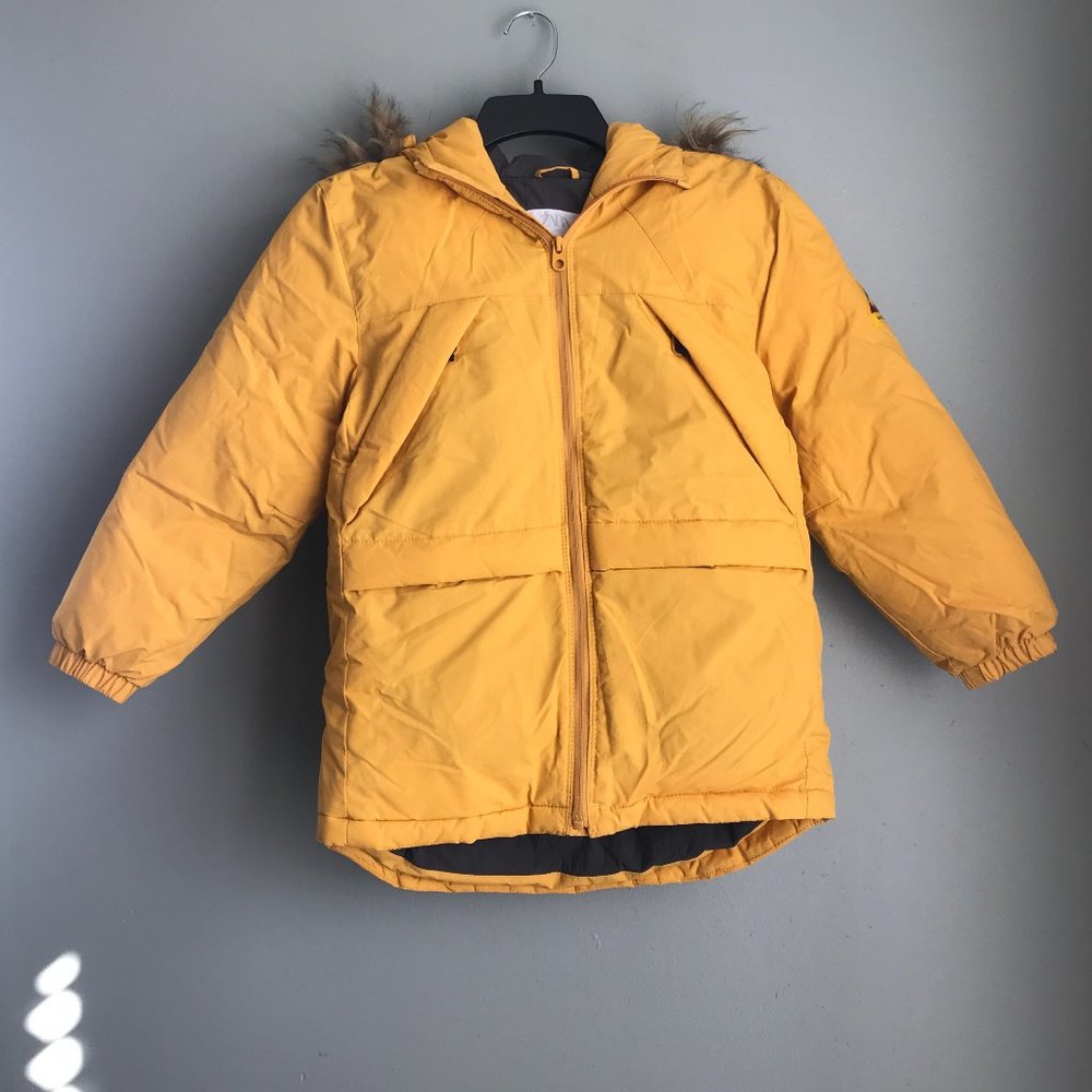 Zara Boys Yellow Coat Winter Jacket Puffer with Fur Hood Size 9